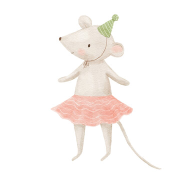 Cute cartoon mouse with party hat, watercolour funny animal character illustration for celebration and greeting design