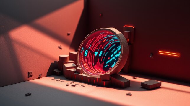 Abstract digital display within minimalist red room. Geometric shapes surround glowing circular screen. Dramatic lighting creates strong shadows.