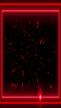 Red neon rectangular frame with streaking lights and particles. Neon frame rectangle. Red neon frame with glowing light streaks for powerful digital warning and technology visuals design art.