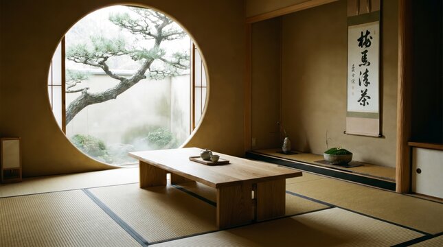 Serene Japanese tea room with tatami mats and traditional decor