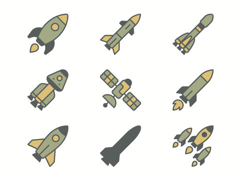 A clean flat vector illustration of a set of military rockets and missiles in different shapes and sizes