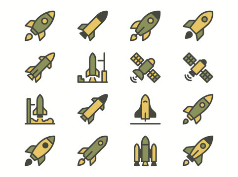 A clean flat vector illustration of a set of military rockets and missiles in different shapes and sizes