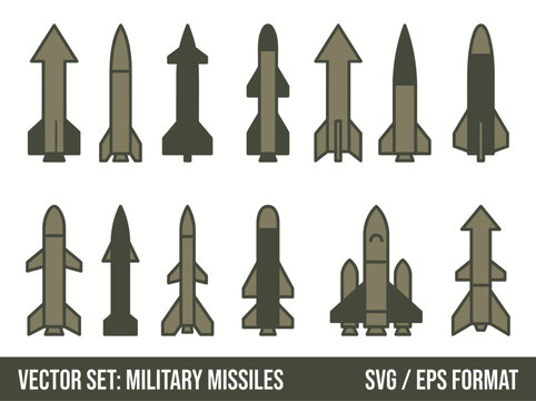 A clean flat vector illustration of a set of military rockets and missiles in different shapes and sizes
