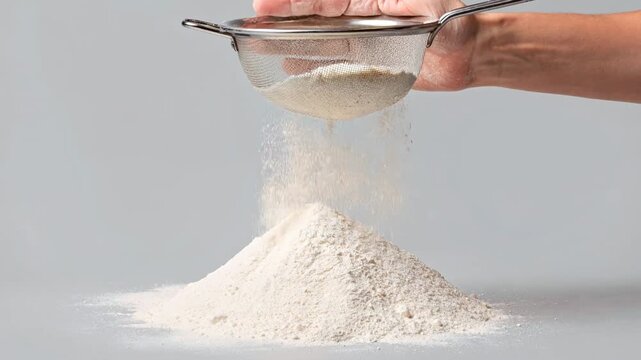 A hand sift flour with sieve over a fluffy flour pile on a white background