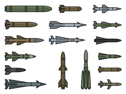 A clean flat vector illustration of a set of military rockets and missiles in different shapes and sizes