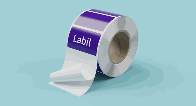 A roll of adhesive purple labels with the word Labil printed on them.