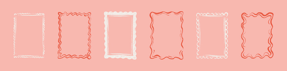 Pink scallop wavy crayon frames for Valentines Day greeting cards, romantic restaurant menu, girly birthday designs, bachelorette party, wedding invitation. Whimsical coquette hand drawn doodle border © Kseniia