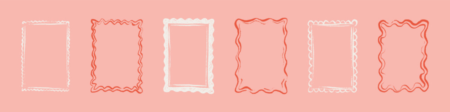 Pink scallop wavy crayon frames for Valentines Day greeting cards, romantic restaurant menu, girly birthday designs, bachelorette party, wedding invitation. Whimsical coquette hand drawn doodle border