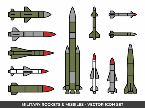 A clean flat vector illustration of a set of military rockets and missiles in different shapes and sizes