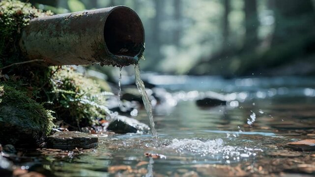 Clear Water Flowing from Old Pipe into Tranquil Forest Stream