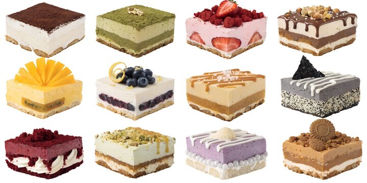 Classic Matcha Strawberry Mango Pistachio Biscoff Tiramisu Slice Collection Grid Twelve Various Flavor Showing Cross Section Layer Isolated On White Background Food Lifestyle Dessert Product