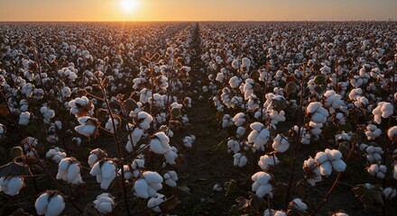 Fototapeta premium Cotton field at sunset with ripe white bolls. Vast agricultural landscape during golden hour. Harvest season in rural plantation