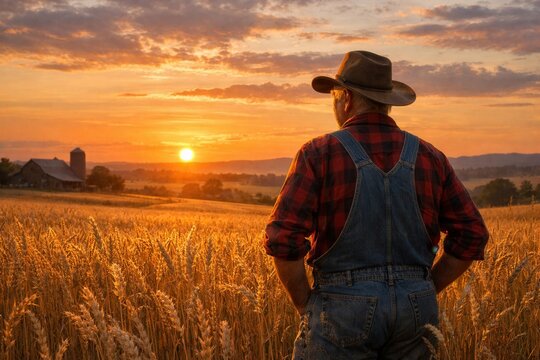 Farmer in hat standing in golden wheat field at sunset overlooking rural landscape and harvest season