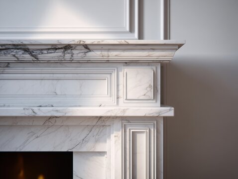 White marble fireplace with elegant molding. Subtle veining adds natural character. Warm glow from hidden firebox. Clean lines define classic design. Soft light highlights architectural detail