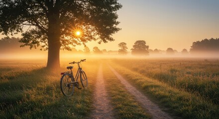 Obraz premium Bicycle parked by tree in misty field at sunrise. Golden hour light over rural landscape with dirt path.