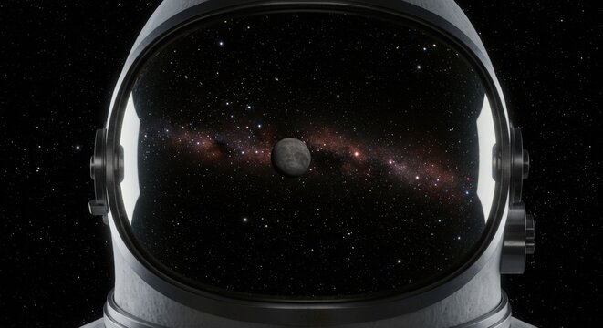 Astronaut's helmet reflecting vastness of space with Milky Way galaxy and moon. Cosmic exploration and discovery concept