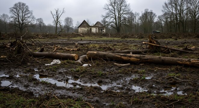 Muddy field with felled tree trunks and scattered branches. Deforestation and land clearing in rural landscape. Environmental impact and habitat loss concept