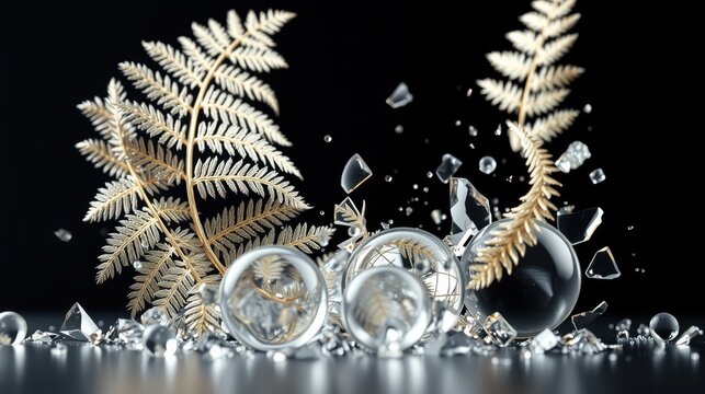 Golden ferns surround shattered glass spheres. Dramatic lighting highlights textures, creating elegant still life composition.