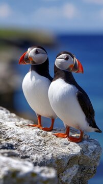 Two charming puffins stand side by side on a sunlit rocky ledge, gazing out over sparkling blue waters while vibrant green hills rise behind them
