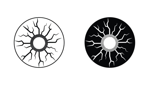 Abstract cracked circle vector illustration resembling a fractured eye or an exploding sunburst in black and white