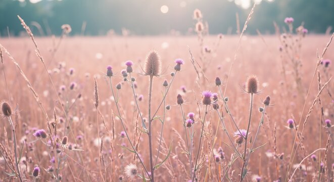 Dried teasels and wild grass in golden field at sunset. Warm backlight on autumn meadow plants. Nature landscape at dusk