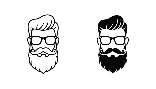 Stylish hipster man face vector icon illustration with a full beard mustache and modern eyeglasses