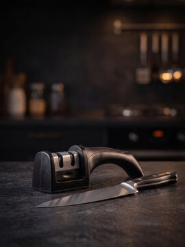 The image shows a kitchen still life scene. On a dark stone countertop lies a chef&rsquo;s knife with a sleek metallic blade and a black ergonomic handle. Next to it is a compact knife sharpener with multip