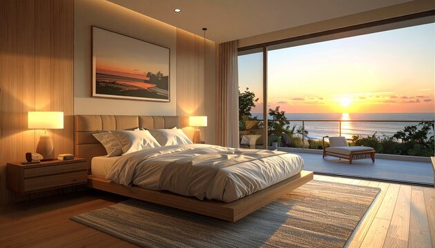 Luxury Bedroom with Ocean View at Sunset.