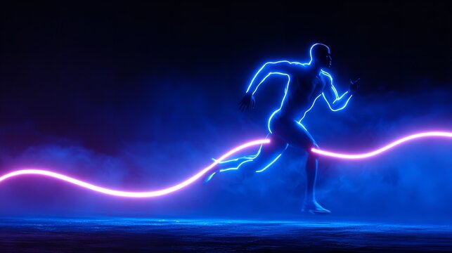 Abstract illustration of a running human figure highlighted with neon light.