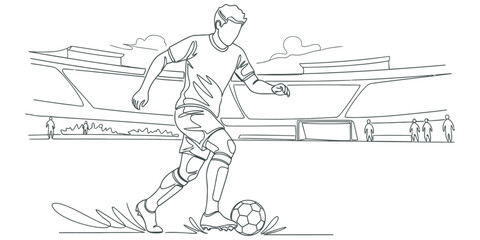 Fototapeta premium Soccer player dribbling ball on stadium field, line art vector illustration eps 10