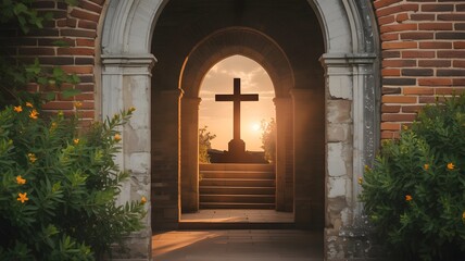 Fototapeta premium Silhouette of a cross at sunset viewed through church archway.