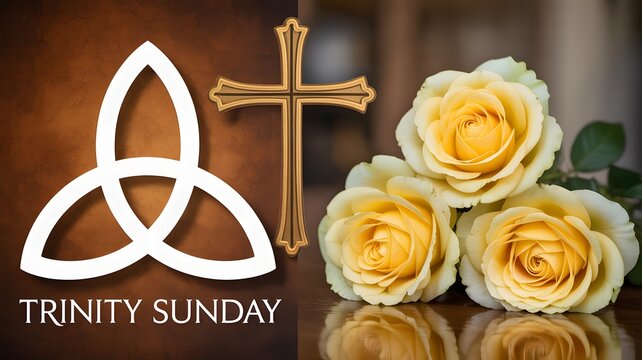 Trinity Sunday religious banner with christian cross and triquetra symbol beside yellow roses on textured background.