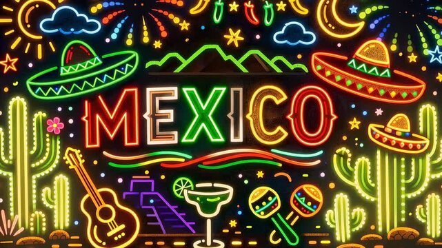 Neon Mexico sign with cactus sombrero guitar and festive lights vibrant cultural night celebration scene