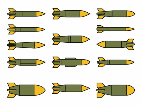 A clean flat vector illustration of a set of military rockets and missiles in different shapes and sizes
