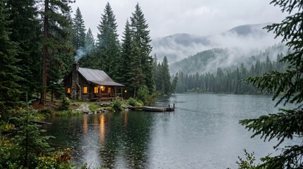 Obraz premium Remote wooden cabin by a serene lake in a dense evergreen forest with misty mountains and warm light reflections
