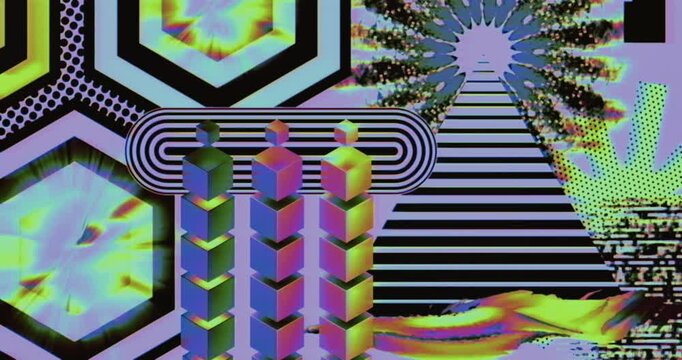 Abstract surreal collage with iridescent hexagons, isometric cubes, and op art patterns 