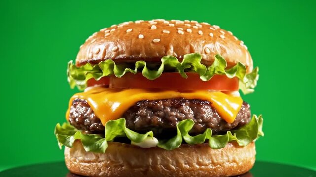 A mouth-watering Video showcases a juicy cheeseburger on a green background