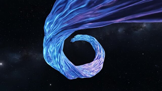Blue flowing fabric in space highlighting geometric patterns and contemporary art