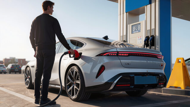 Man refueling silver performance car.
​Distinctive red nozzle inserted in vehicle.
​Modern LED light strip across rear.
​Man wears casual all-black clothing.
​Sunny day at blue-themed station.