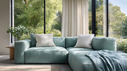 Fototapeta premium Serene Green Mint Living Room with Cozy Sofa Bright Natural Light Modern Aesthetic Minimalist Environment