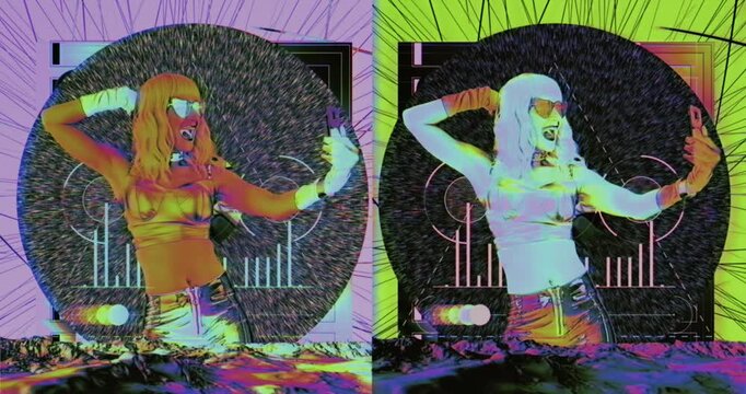 Vibrant psychedelic pop art fashion collage with stylized female character