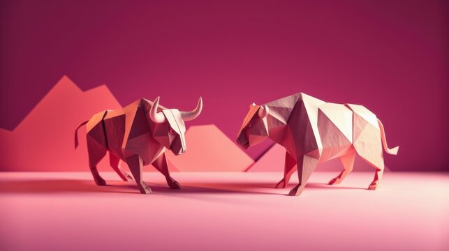Origami bulls face off. Pink backdrop features geometric mountains. Minimalist style, strong shadows, modern aesthetic. Dramatic lighting creates tension.