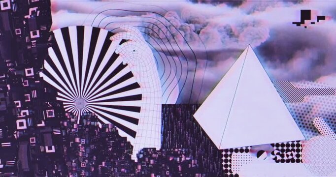 Surreal digital collage with wireframe hand, pyramid and geometric shapes in clouds 