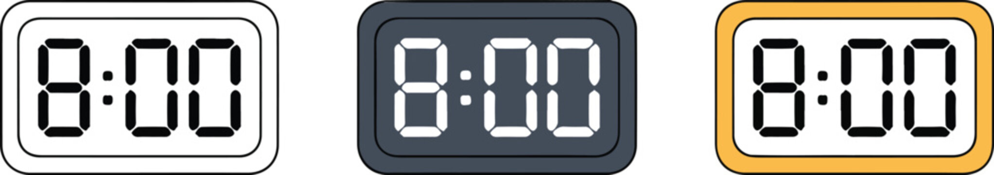 Minimalist digital clock display set showing 8 00 time in three modern styles with flat UI design layout