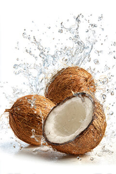 A coconut shows its inner white flesh as splashes of coconut water fly around it on a plain white backdrop in a studio setting with clear lighting