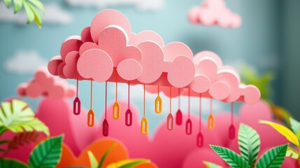 Obraz premium Papercraft scene depicts pink clouds raining orange shapes onto lush green foliage. Bright colors, whimsical design, soft lighting.