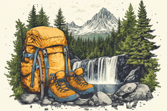 A bright orange backpack rests on the ground near a waterfall with mountains in the background surrounded by tall trees under a blue sky