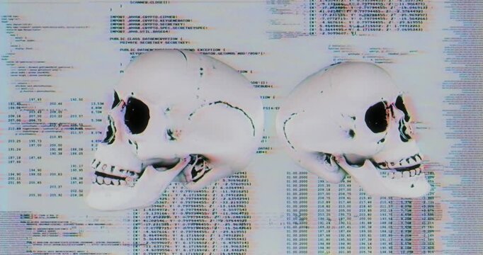 Cybercrime concept with three 3D skulls on computer code background with glitch effects