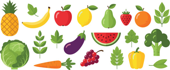 Fototapeta premium Set of Fresh Fruits and Vegetables Collection with Leaves Healthy Organic Food Illustration for Nutrition Diet Design Isolated on White Background