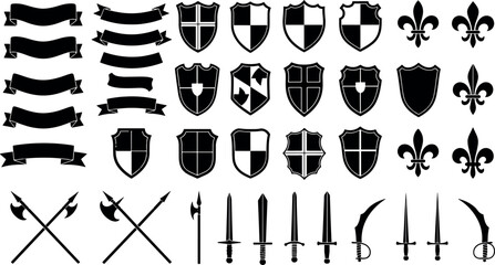 Medieval Heraldry and Knight Weaponry Set Featuring Ribbons Shields Crests Swords Axes and Fleur de Lis Symbols in Black Silhouettes vector illustration © Kanon Islam
